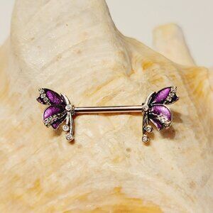 Pair of 14G bunny ends surgical steel nipple bars with pink CZ gems